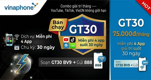 Gói GT30 Vinaphone: TikTok, YouTube, Nhaccuatui, VieON miễn phí 30 ngày giá 75.000đ